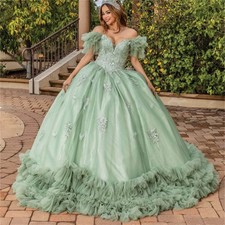 Green Ruffled Tulle Sweet 16 Off Shoulder Floral Applique Quinceanera Dresses