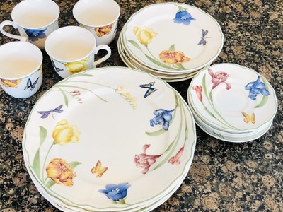 Epoch Summer Meadow 16 pc Dish set Place Settings Tulip Iris Dragonfly Butterfly
