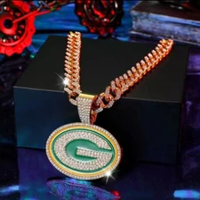 GREEN BAY PACKERS GEM NECKLACE Gold Bling NFL Football Pendant & 24" Chain