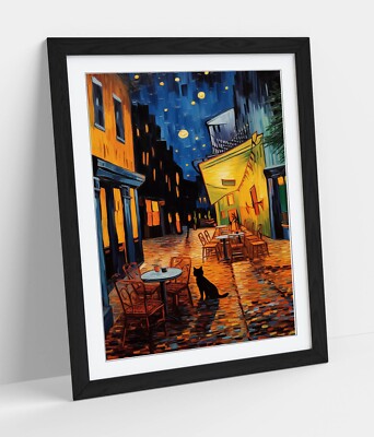 VAN GOGH CAFE TERRASSE BEI NACHTS MIT KATZE - GERAHMTES WANDBILD POSTER PAPIERDRUCK