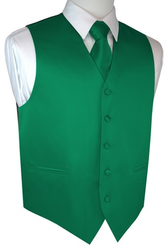 Men's Green Satin Formal Tuxedo Vest, Tie & Hankie Set. Wedding Prom Homecoming - Picture 3 of 4