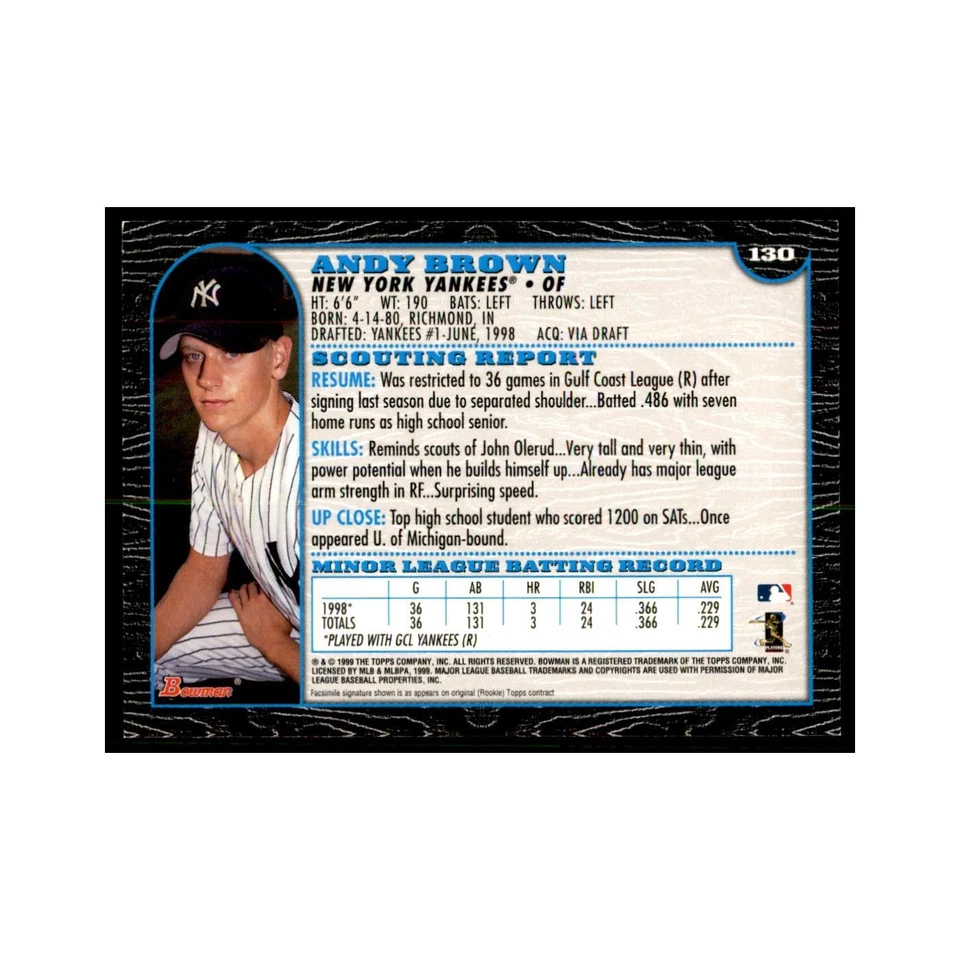 1999 Bowman Andy Brown Baseball Cards #130 - Image 2 of 3