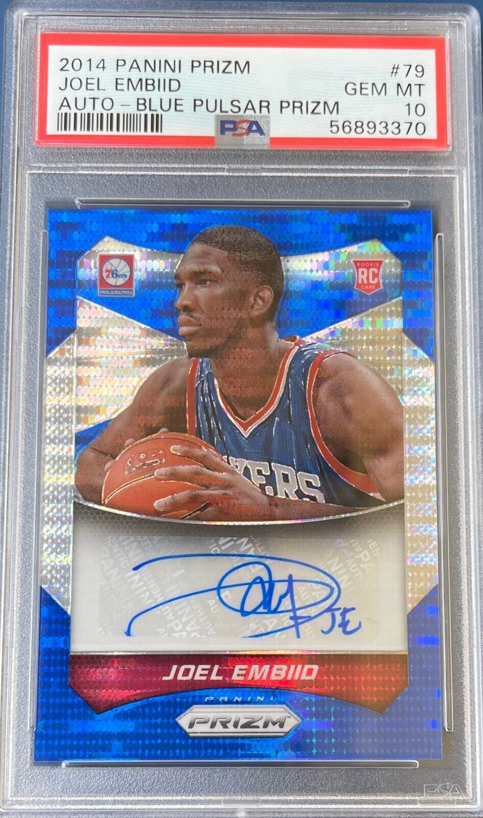 JOEL EMBIID -- 2014-15 Prizm BLUE PULSAR Rookie AUTO #/199 - PSA 10 POP 14  total