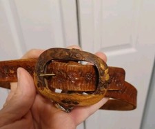 VINTAGE Wood BELT Buckle Hand Made . Belt is leather Size small 1970-1980
