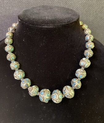 Antique 25 Bead Tibetan Turquoise Inlay Silver Graduated Necklace C12 ...