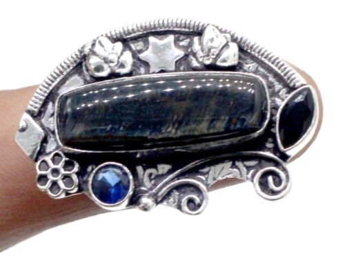 925 Sterling Silver Blue Tiger's Eye Gemstone Handmade Jewelry Ring (Us) Size-8" - 第 1/2 張圖片