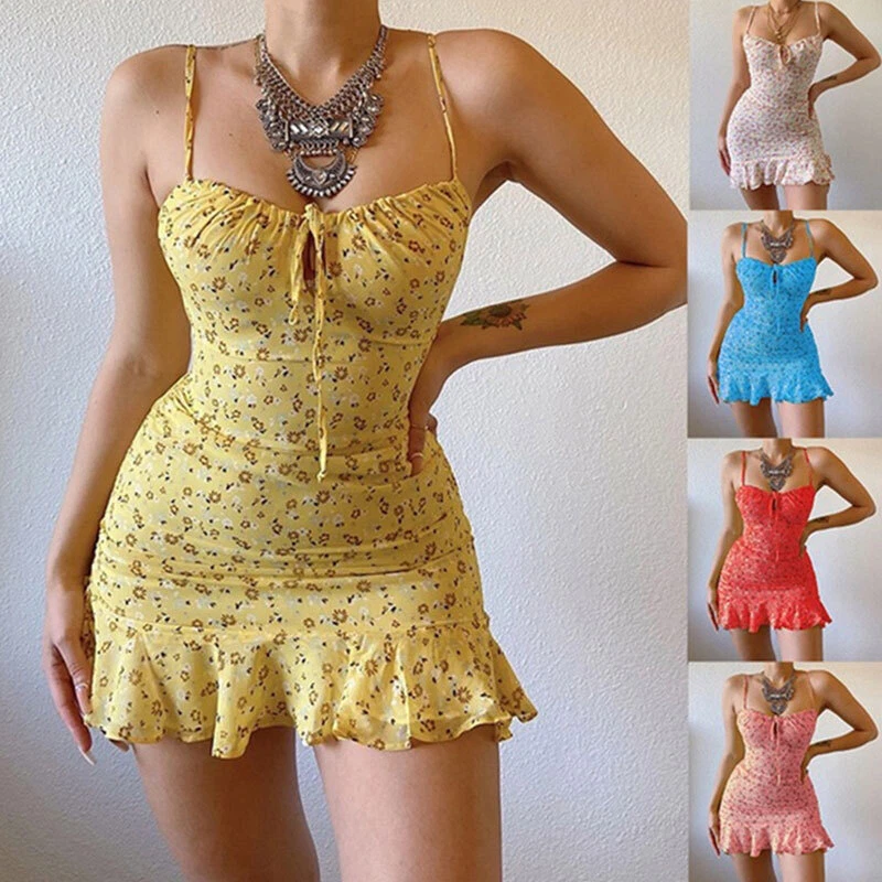 Women Mini Dress Sundress Club Dress Beach Dress Strapy Dress Ruffle  Sleeveel *