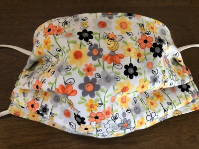 Queen Bee & Flowers Face Mask. 100% Quilters Cotton. Kids, Teen & Adult Sizes. 