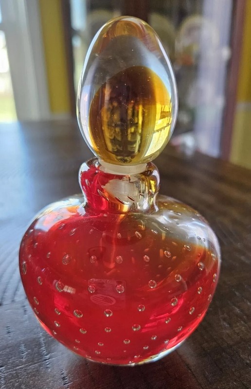 Vintage Murano Art Glass - Amberina Red & Yellow Perfume Bottle w/Stopper