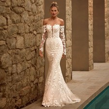 Mermaid Wedding Dress Full Sleeves Lace Applique Zipper Sweep Train Bridal Gown
