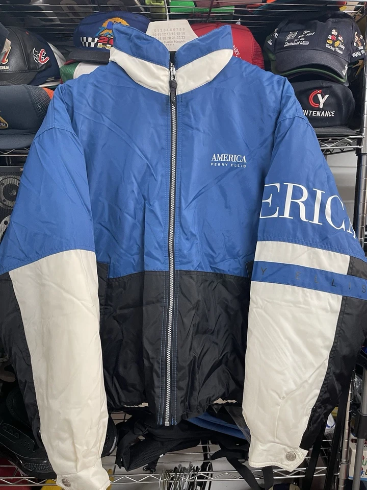 Vtg 90s Perry Ellis AMERICA Puffer Jacket Blue Black White Spellout Mint L - Image 2 of 4