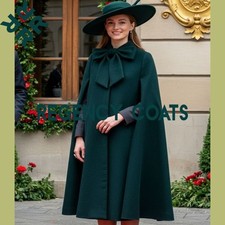 Ladies Victorian Cape, Handmade Green Wool Cloak, Princess-Inspired Cape Coat