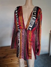 PLT Satin Aztec Greek Key Geometric Long Sleeve Mini Dress Longline Top UK 14