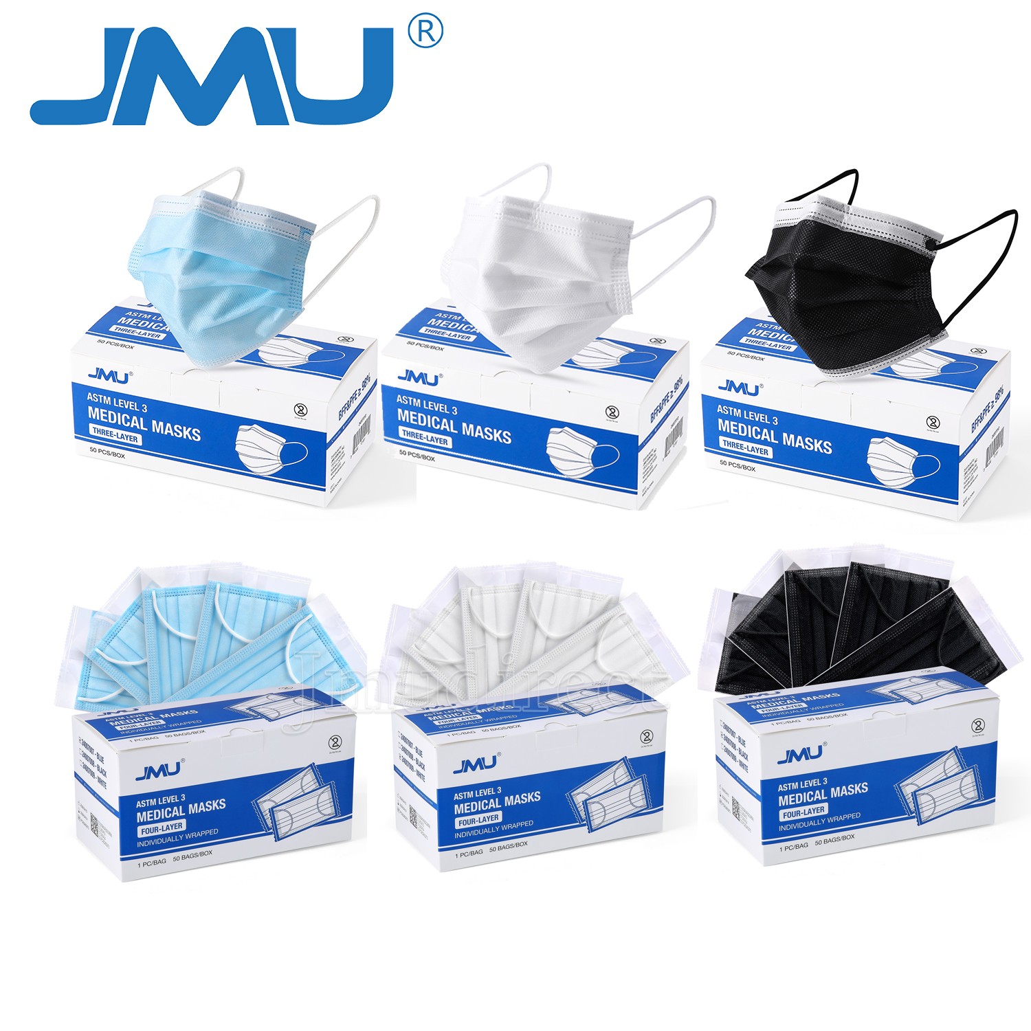 Jmu Disposable Medical Face Masks, 4-Ply Astm Level 3 Ear-Loop Face Masks 50Pcs