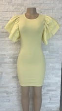 Yellow Zara Women  Dress . O-neck Double Ruffles Short Sleeve. Bodycon.Solid M