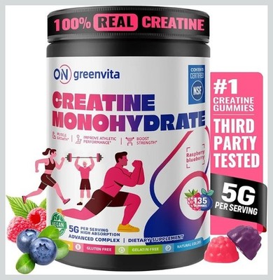 ON Greenvita Creatine Monohydrate Gummies 135ct Raspberry Blueberry Vegan NSF 