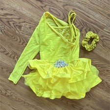 Weissman Girls Yellow Dance Leotard Dress Ruffled Tutu Sequin Scrunchie MC 64830