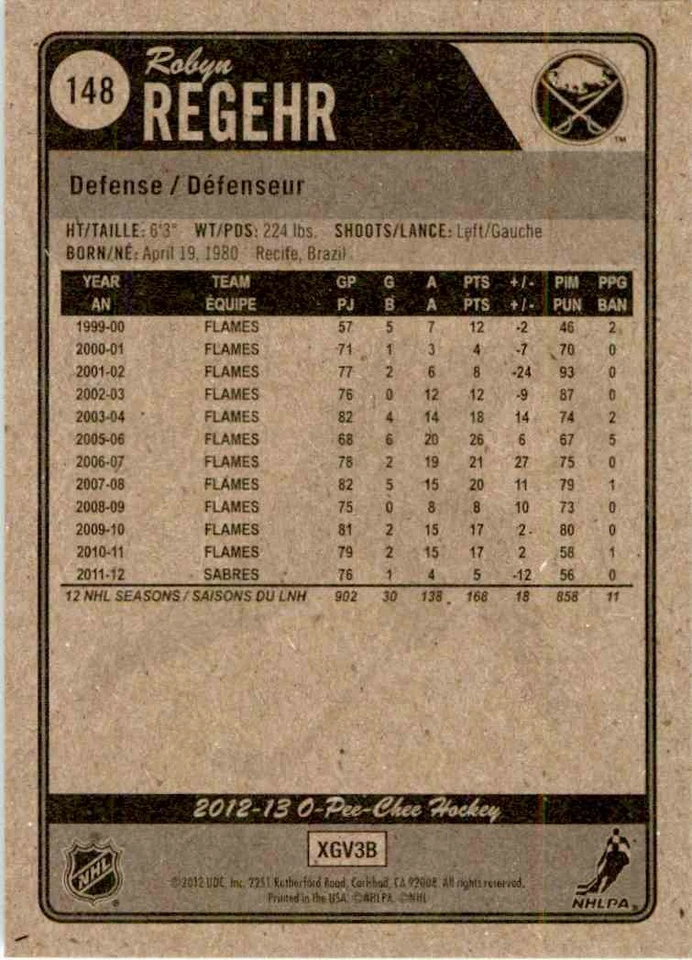 2012-13 O-Pee-Chee Robyn Regehr #148 - Image 2 of 2