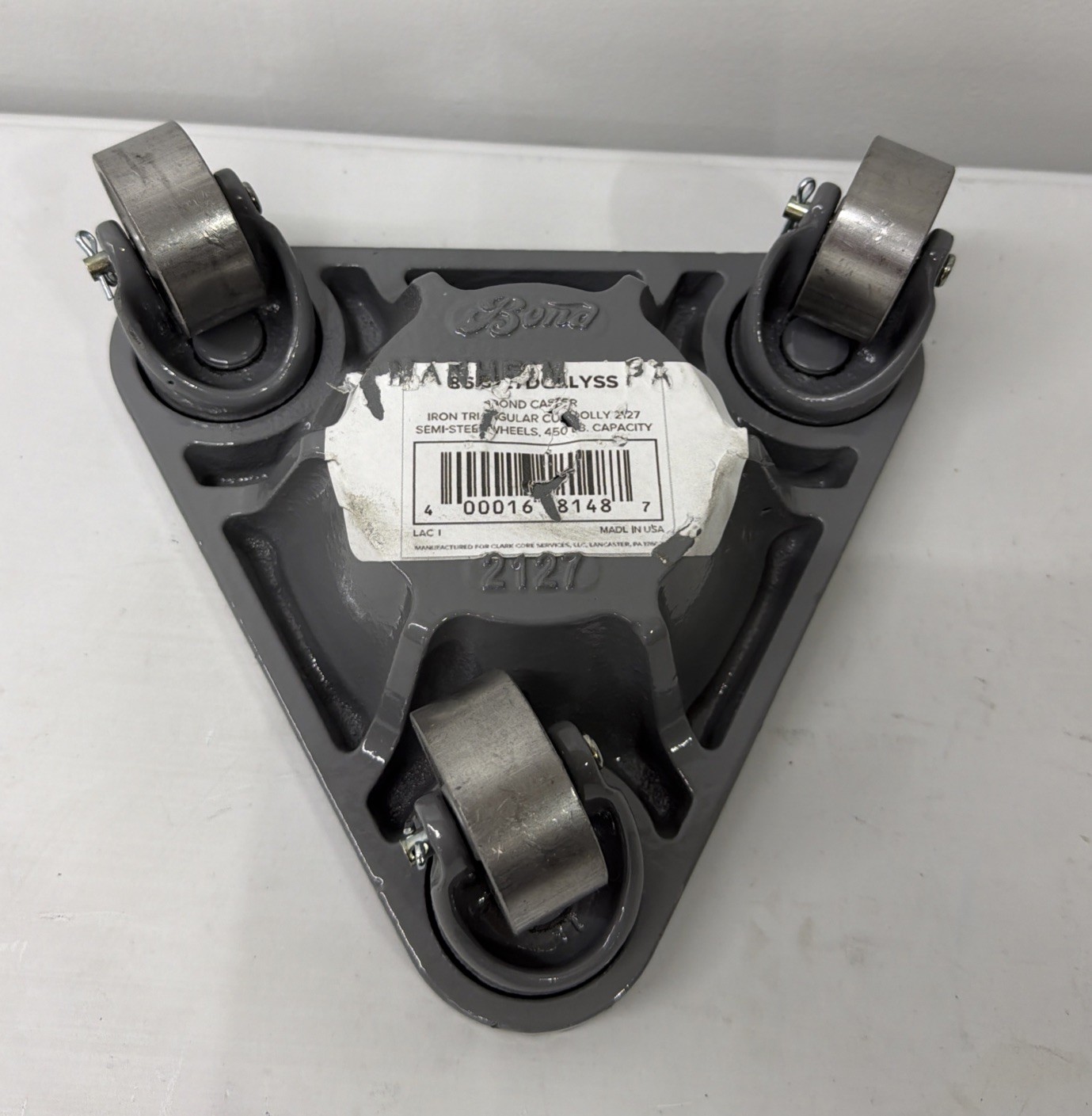 Bond 2127 Cast Iron Triangular CUP DOLLY Hard Rubber Wheels 375 lb Capacity