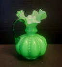 6” FENTON Art Glass Pitcher Vase Beaded Melon Green Overlay Vintage Glassware