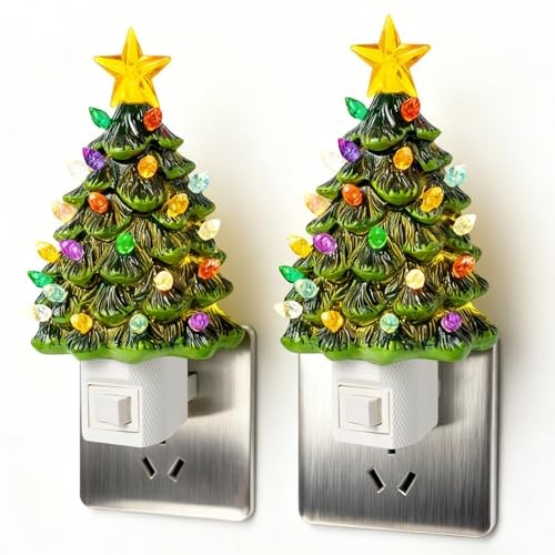 2 Pack Ceramic Christmas Tree Night Light,Vintage Decorative Xmas Tree Green - Picture 2 of 7