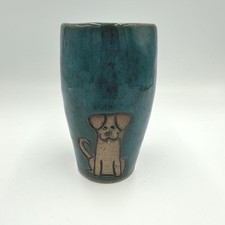 Handmade Pottery Vase Tootbrush Holder Teal Blue Dog Accent Signed K. Mosby