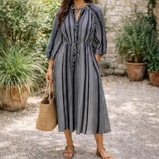 Everlane SZ L The Tencel Gathered Maxi Dress Striped Bone Black NWT