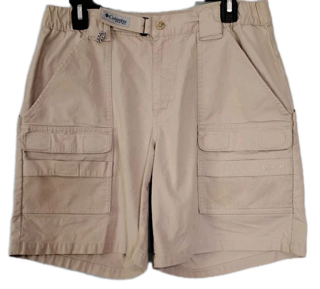 Mens Columbia PFG Shorts 32x8, Medium Khaki Cargo Mesh Pockets Adjustable