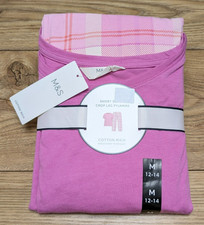 M&S Cotton Rich Pink T-Shirt & Crop Leg Check Pants Pyjamas PJs Medium 12 - 14