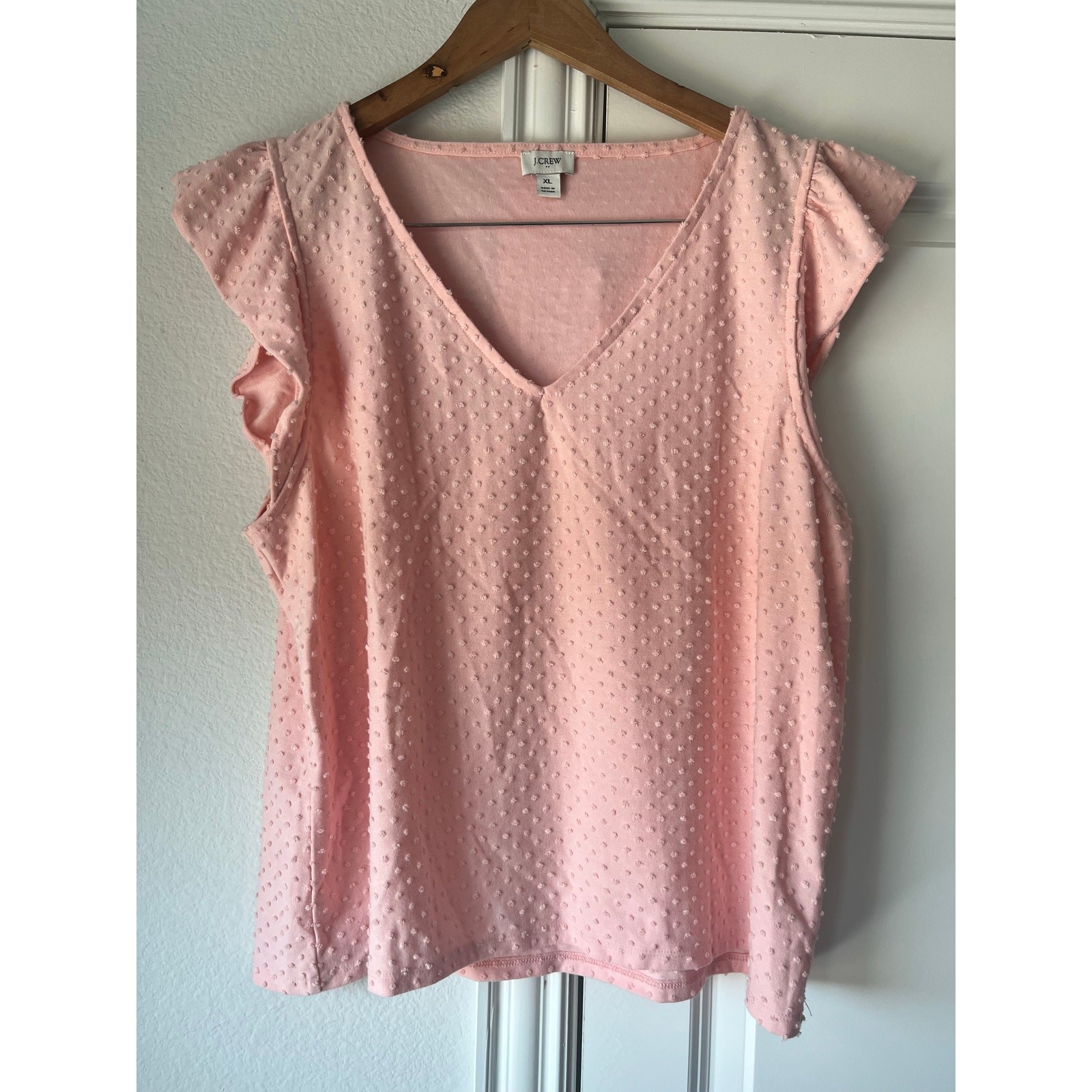 J.Crew Blush Pink Dot Patterned Flutter Sleeve V-… - image 1