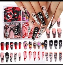 96Pcs Halloween Press on Nails Almond  Coffin Blood Red Nails with Skeleton Fak