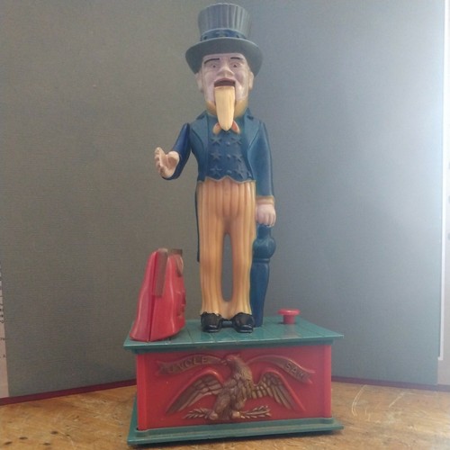UNCLE SAM 1975 HARD PLASTIC FIGURAL MECHANICAL BANK GREAT SHAPE STILL WORKS! DD