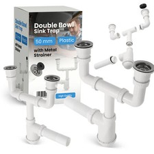 Flaschensiphon Doppelsiphon für Doppelwaschbecken 50 mm mit Abflusssieb Metall 