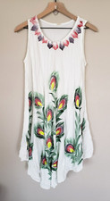 Vtg White Painted Embroidered Peacock Feathers Dress Free Size Boho Fairy Y2K