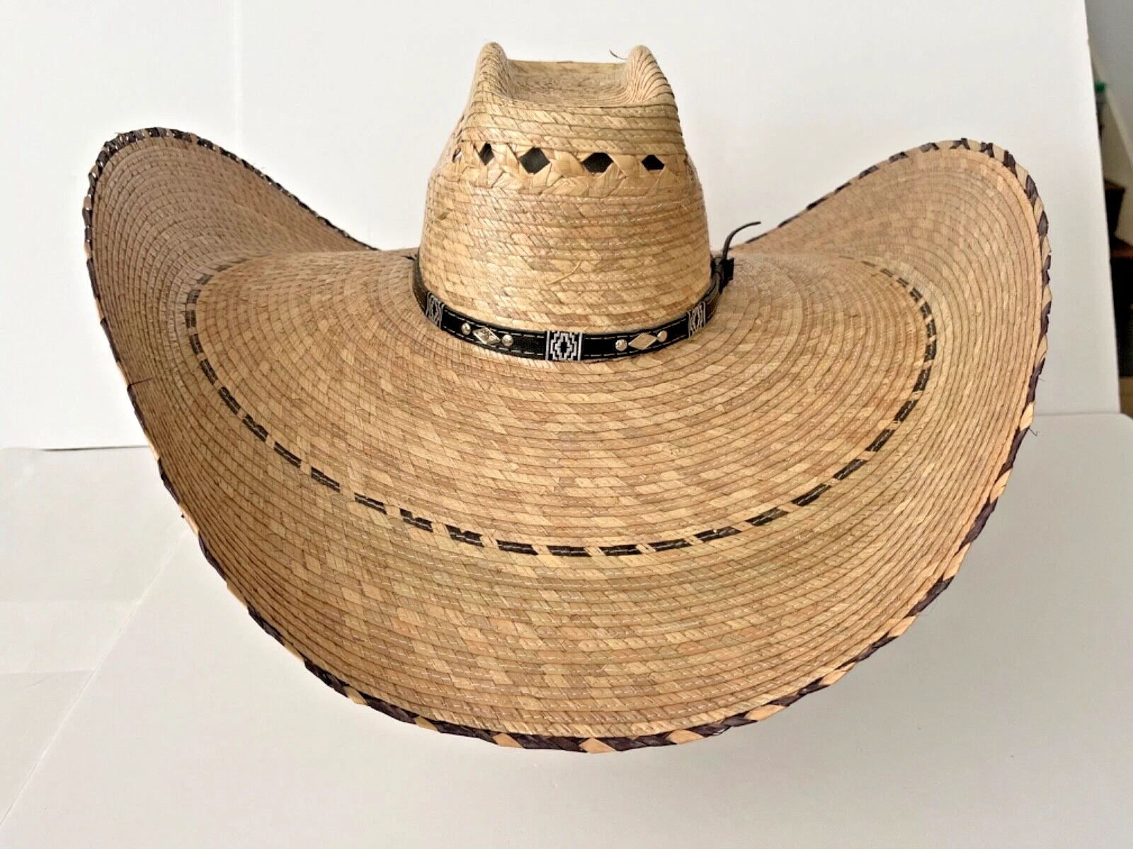 Wide Brim Palm Straw Vented Cowboy Sun Hat With Chin Strap Sombrero Size Large
