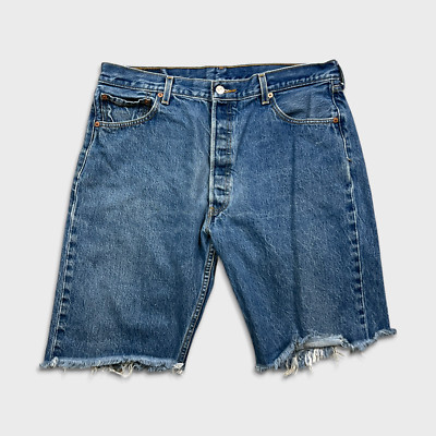 Levi's 501 Shorts Mens Size 38 Blue Original Fit Straight Thrashed Frayed Denim