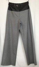 Chanel Pants Gray Wool Blend Black Lambskin High Waist Straight wideleg Size 38