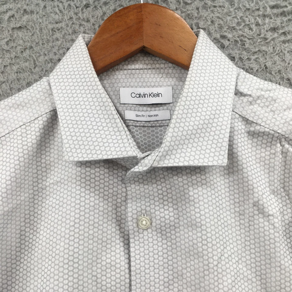Calvin Klein Dress Shirt Mens L Silver White Cotton Slim Fit Non Iron Button Up - Image 3 of 4
