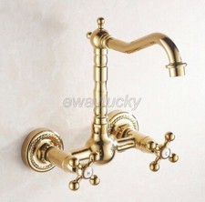 Gold Color Brass Wall Mount Bathroom Basin Sink Faucet 360 Swivel Mixer Tap
