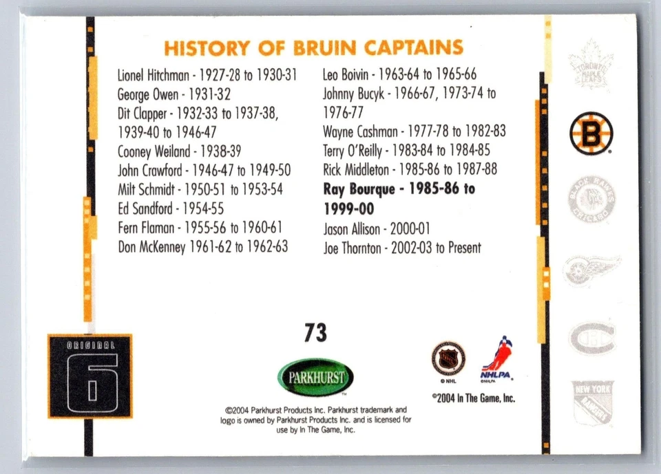 2003-04 Parkhurst Original Six Boston #73 Raymond Bourque Boston Bruins - Image 2 of 2