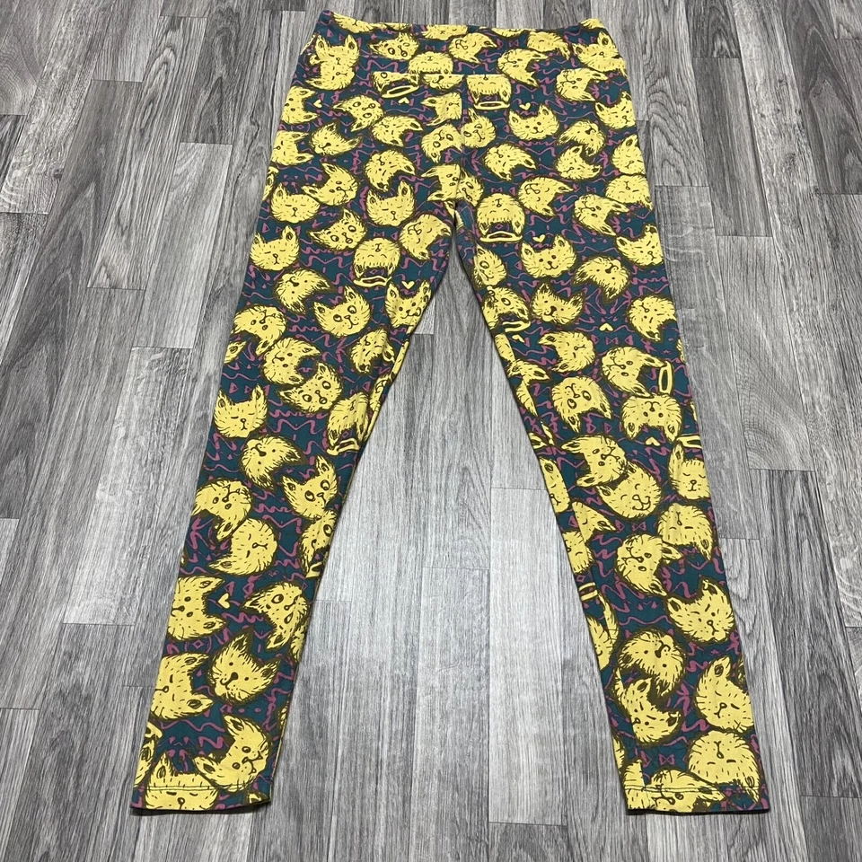 Leggings para mujer LULAROE pierna ajustada altos y curvilíneos amarillos con estampado de gato talla 32 cintura Foto 4 de 4