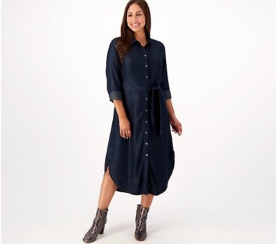 Side Stitch Belted Midi Dress with Curved Hem - Indigo (sz 1X) A557991 -