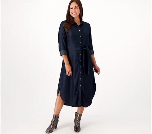 Side Stitch Belted Midi Dress with Curved Hem - Indigo (sz 1X) A557991 -