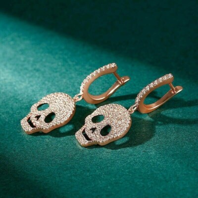 2Ct Round Cut Lab-Created Diamond Skull Drop/Dangle Earring 14K Rose Gold Plated