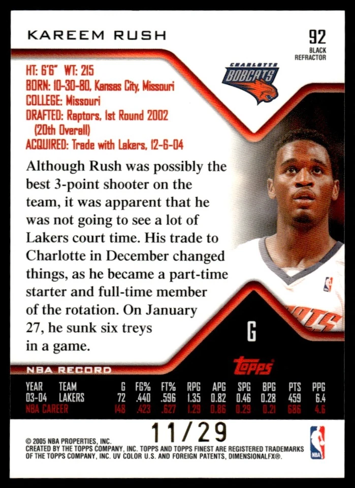2004-05 Лучшие Рефракторы Черный Карим Раш 11/29 Bobcats #92 *Noles2148* - Изображение 2 из 2