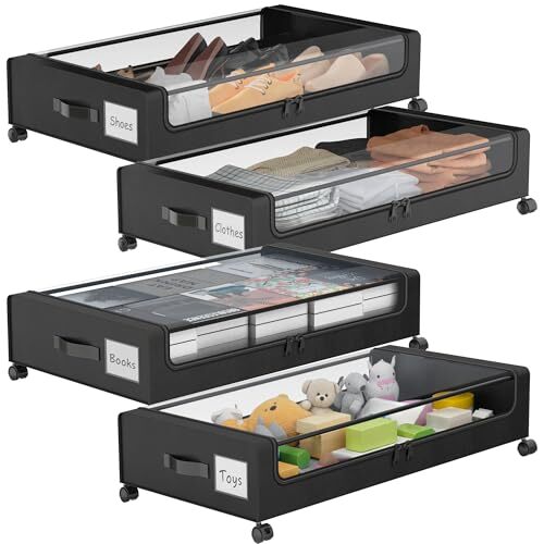 4-Pack Under Bed Storage Organizers with Wheels - Space-Saving, Durable, and Easy-Access Black Fabric Bins for Clothes, Shoes, and More-image