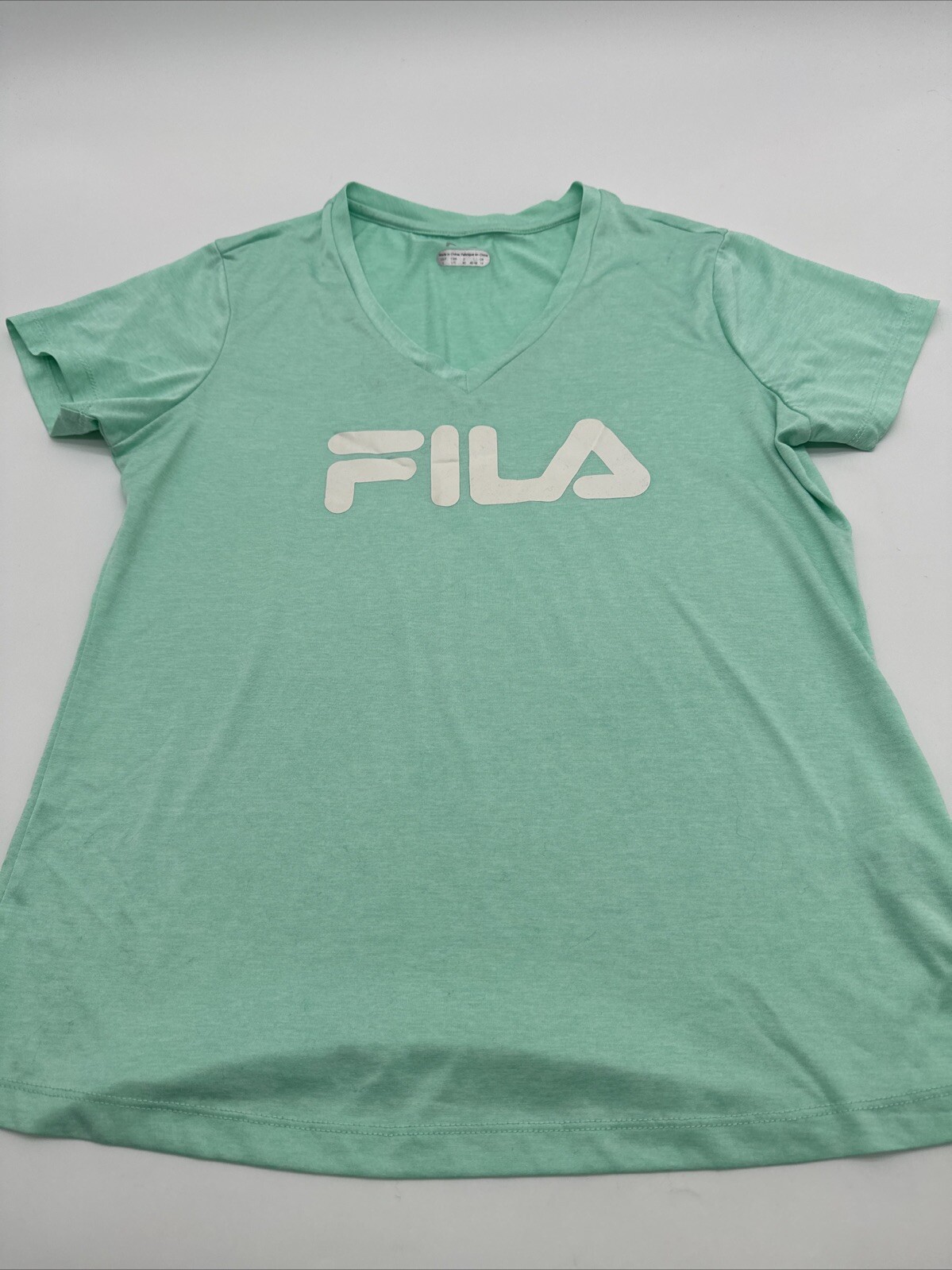 Fila T-shirt Women L Green Solid Logo V- Neck …#22800