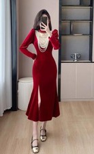 Women's French socialite sexy slit Slim fit beads decorate Evening Midi dress