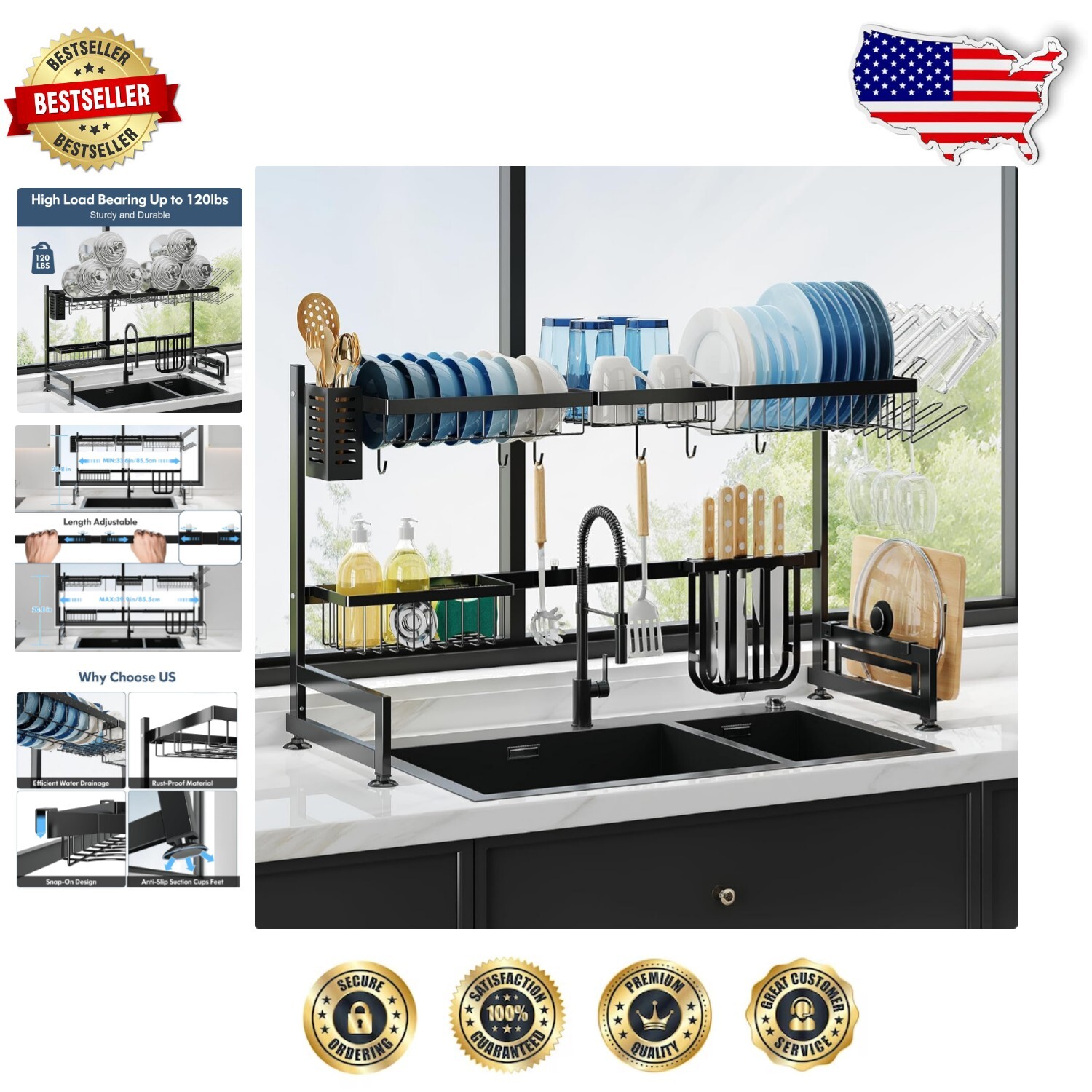 2-Tier Over Sink Dish Drying Rack: Adjustable Stainless Steel Kitchen Organizer