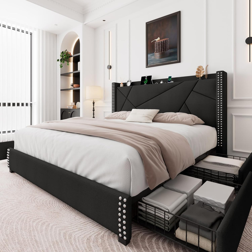 Upholstered Storage Bed Frame King Size with 4 Drawers, Platform Bed with Cha...